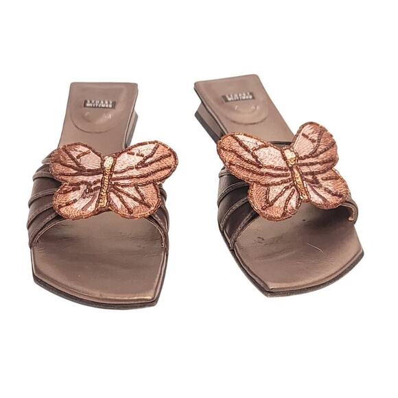 Vintage Stuart Weitzman Butterfly Beaded Sandals Size 7 A Bronze Low Block Heel - Picture 2 of 5